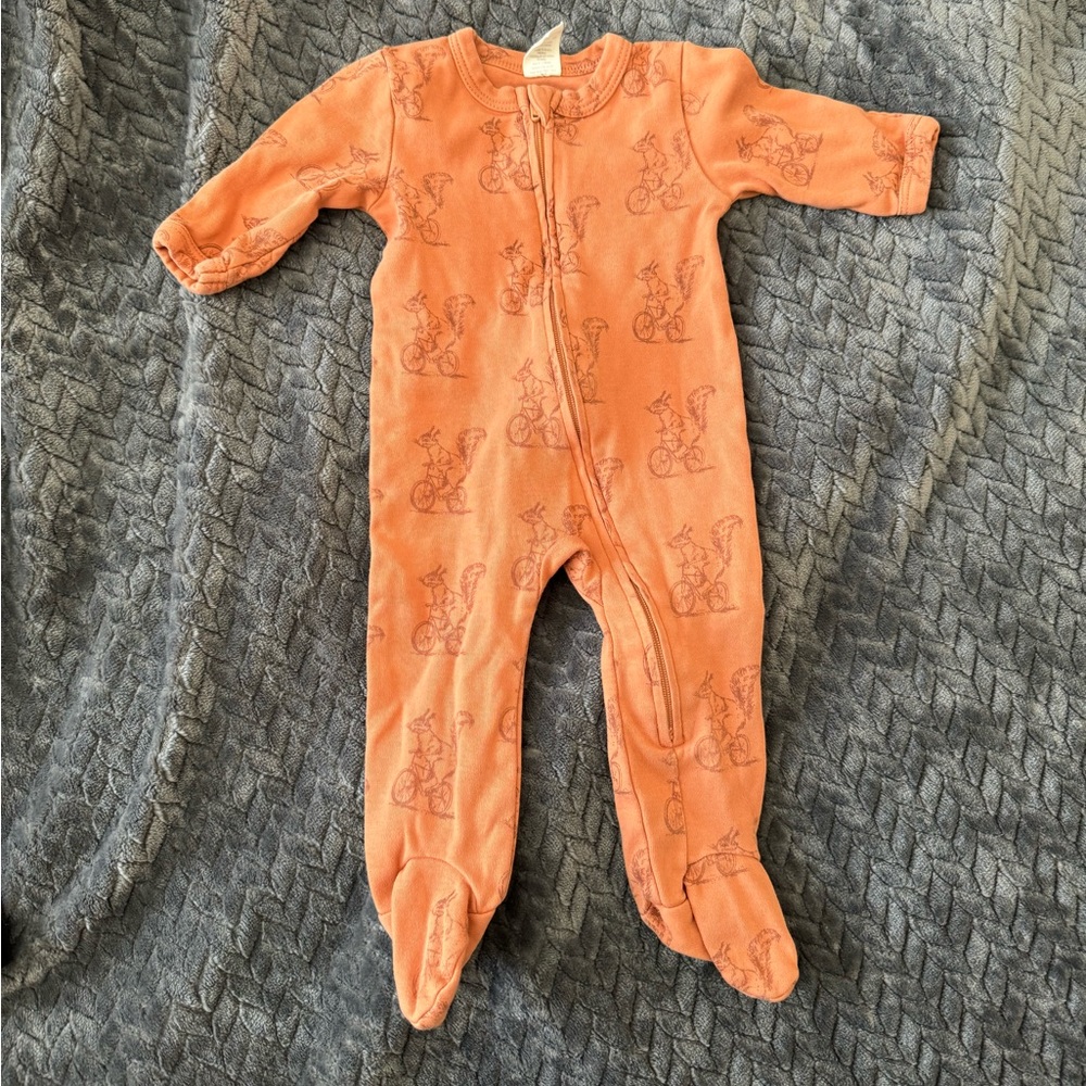 Kate Quinn Long Sleeve Zipper Footie | Squirrels on Bikes | 0-3 months